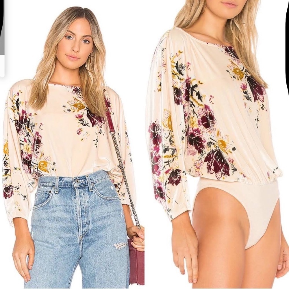 Free People Floral Print Bodysuit in Cream and Purple